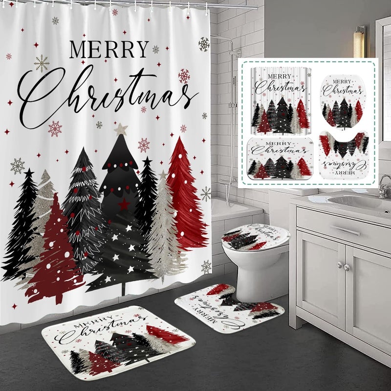 Apear1 4Pcs Merry Christmas Shower Curtain Set Xmas Tree Snowflake Shower Curtain for Christmas Bathroom Decor with Anti-Slip Waterproof Bathtub Bathroom Rugs Toilet Lid Cover (White) - Image 1